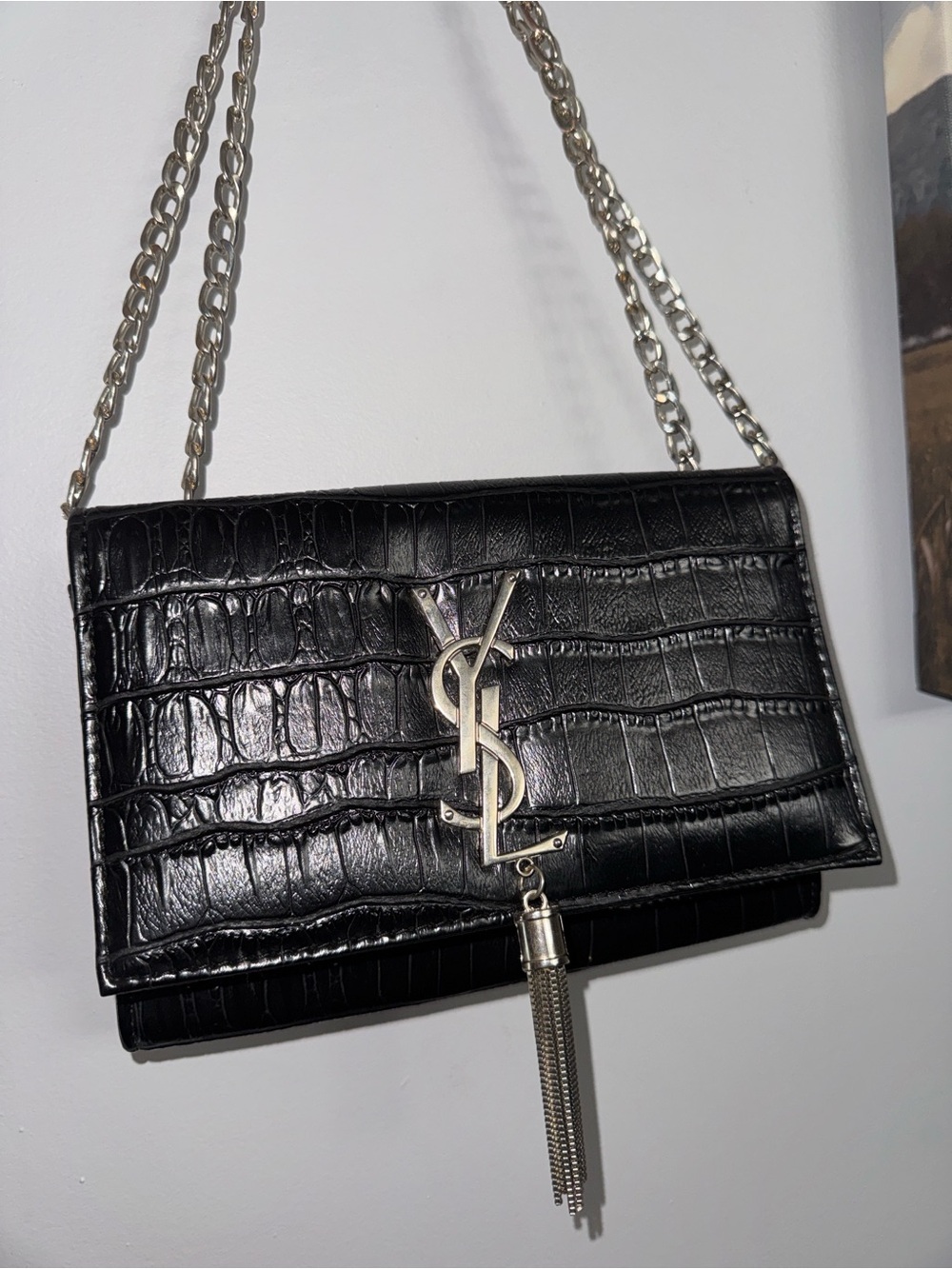 Saint Laurent Black Croc-Embossed Tassel Chain Crossbody with Silver Hardware